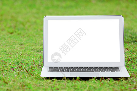 绿色草坪上有空白屏幕的笔记本电脑背景图片