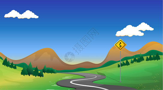 沥青和杂草一条有黄色标志的公路插画