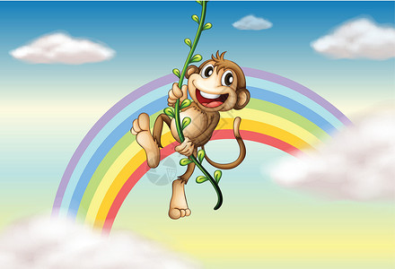猴子挂在藤上一只猴子挂在彩虹附近的一棵藤树上插画