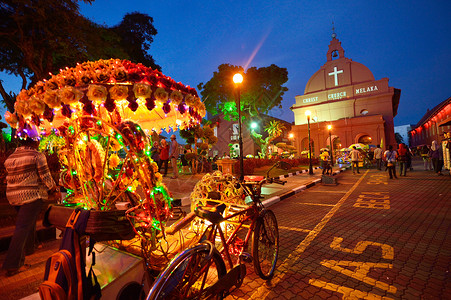 马来西亚马六甲 马六甲基督会正方形花朵喷泉历史教会红土新教殖民基督天空背景