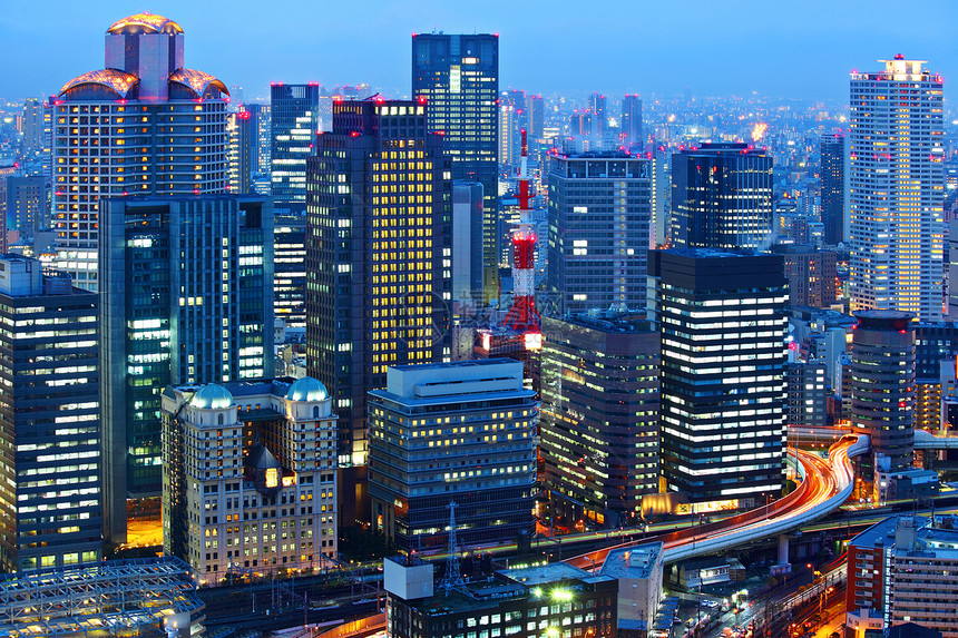 晚上大阪天际商业市中心城市风景天空景观摩天大楼公司场景建筑学图片