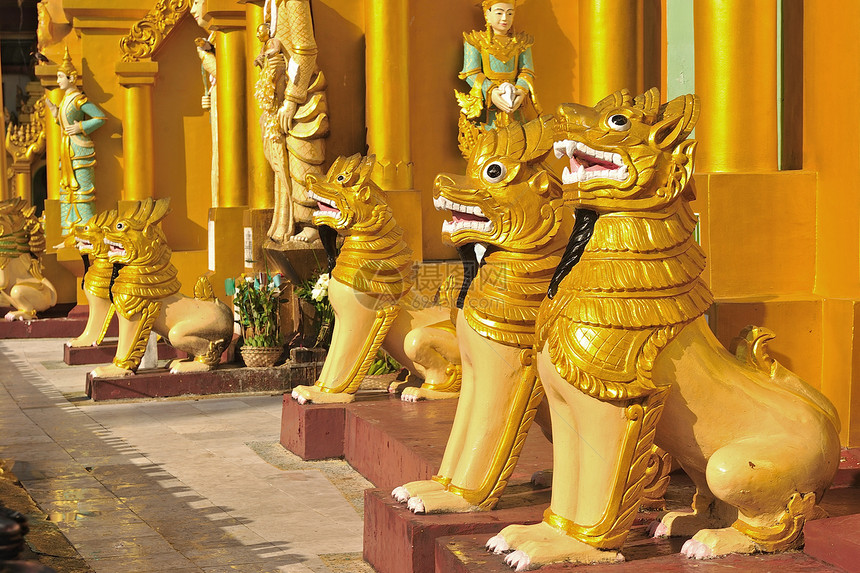 Schwedagon塔 仰光和缅甸的狮子雕刻悲伤宝塔回忆寂寞宗教建筑学佛教徒金子寺庙手工图片