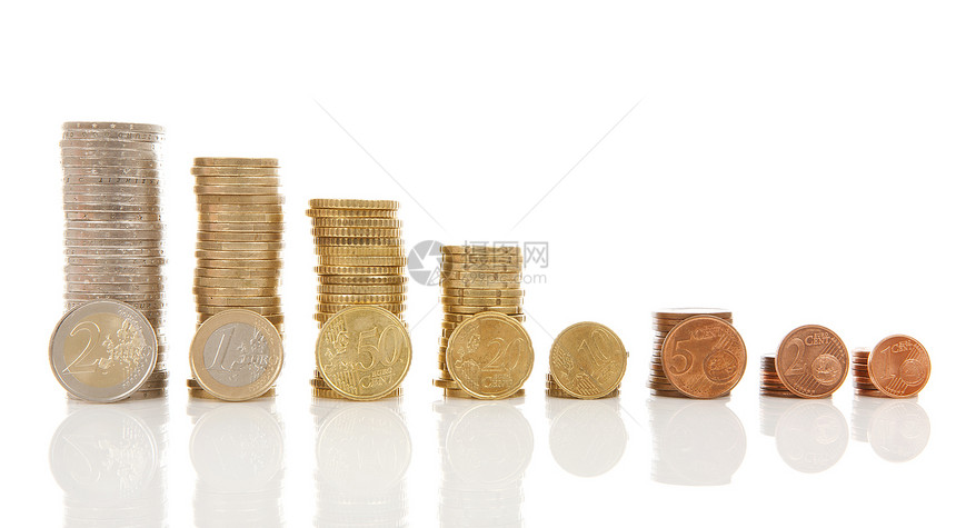 白种背景的欧元硬币池储蓄金融现金银行货币硬币中心商业图片