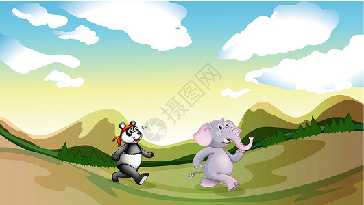 四驱赛车一只熊猫和大象沿着山上行走插画