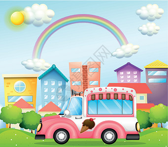 彩虹带高城里一辆粉红冰淇淋巴士插画