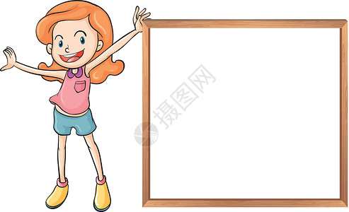 盘腿微笑女孩一个女孩拿着空木头空白板设计图片