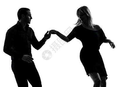一对男男女女舞蹈舞者 萨尔萨摇滚摇篮阴影夫妻舞厅岩石成年人白色背景图片