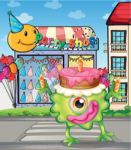 僵尸蛋糕一个头顶上有个蛋糕的怪物建筑外星人庆典卡通片街道烘烤横幅天空斑点生日设计图片
