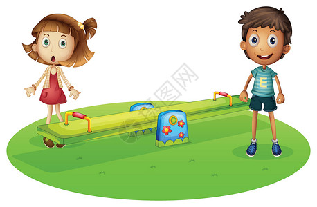 玩跷跷板男孩一个女孩和一个男孩 靠近木锯设计图片
