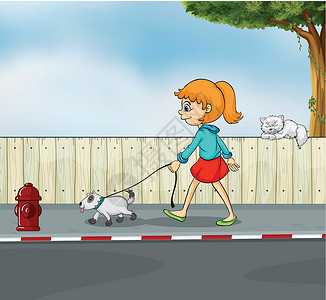散步女孩和猫一个女孩和她的宠物在散步设计图片