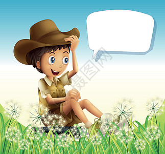 草与男孩一个戴着帽子的男孩 坐在一个空无一人的呼喊下设计图片