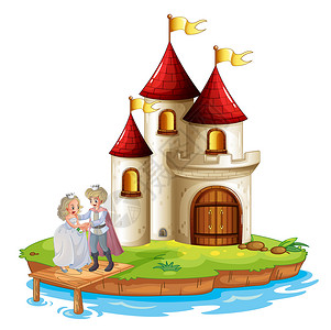 岛剪贴画一个王子和公主 后面有城堡的公主插画