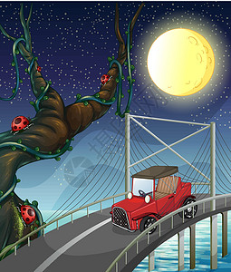 晚上的桥一辆古老的车经过桥插画
