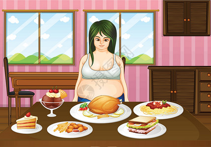 木头制品一个年轻的胖女人 在桌子前 与食物插画