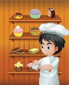 蛋糕架一个厨师在烤甜点前插画