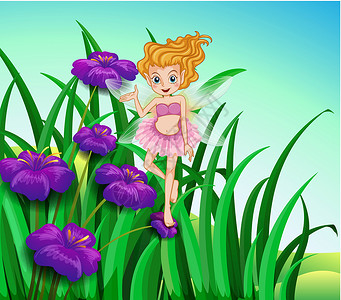 仙女虹膜仙女和花园里的花朵插画
