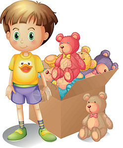 泰迪熊一个男孩在一盒玩具旁边插画