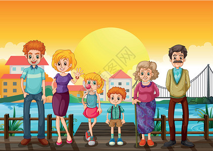 玉湖村村对面的木桥上有一个家庭插画