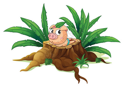 一只猪一只躺在木头上方的猪插画