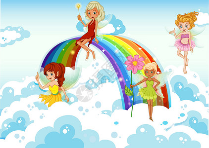 彩虹女孩天空上方的仙子在彩虹附近设计图片