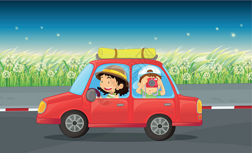 旅行的男孩一个女孩和一个男孩骑着一辆红色车孩子场景街道照片相机旅行卡通片车辆女性风景设计图片