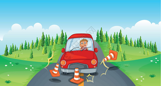 反光路锥一辆红车在路上撞上交通锥设计图片