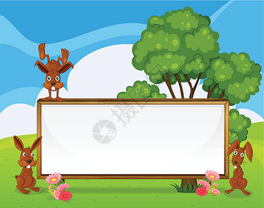 木指示牌兔子在空木木签牌旁玩耍插画