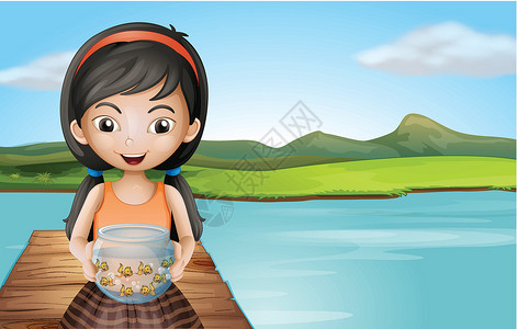 女孩拿着碗一个在潜水板上 站着水族馆的女孩设计图片