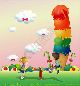 玩跷跷板男孩一个女孩和一个男孩 在公园玩 与巨型冰淇淋插画