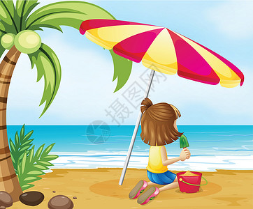 伞桶一个年轻女孩在海滩上 和城堡玩耍插画