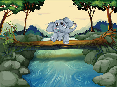 四渡河大桥一条大象渡河风景礼物绘画动物树木植物树叶藻类蓝色资源插画