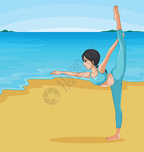 三道鳞一个女孩在海滩上伸展插画
