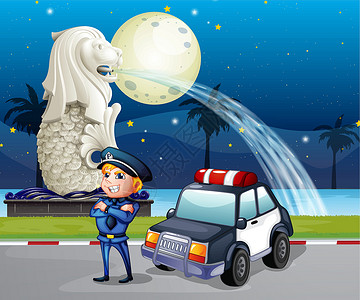 警察 巡逻车一名警察和他的巡逻车在Merlion雕像附近插画