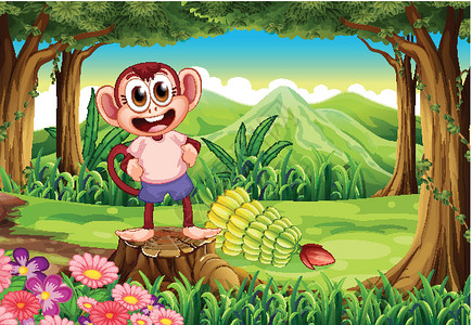 猴子香蕉一只在树桩上面微笑的猴子 后面有香蕉设计图片
