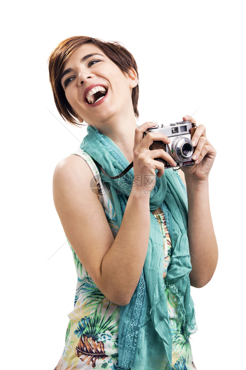 配有旧相机的女人相片围巾喜悦拉丁快乐学生乐趣女孩青年旅行图片