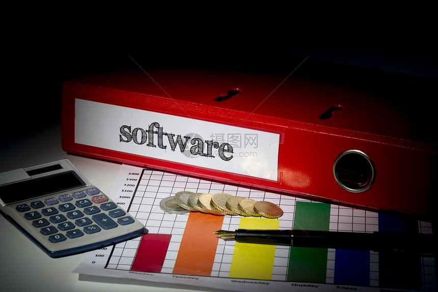 红色商业装订器软件硬币工作文件夹盒子数据技术文具钢笔一个字计算图片