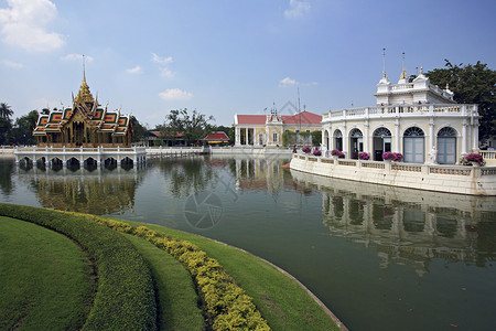 邦巴茵皇宫  大城府 泰国皇家旅行池塘反射热带观光建筑学旅游疼痛体式背景