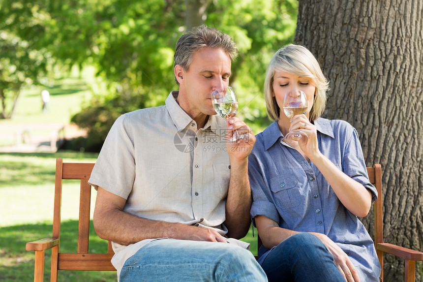 一对夫妇在公园喝酒时间成人男人女性享受长椅眼睛玻璃庆典酒精图片