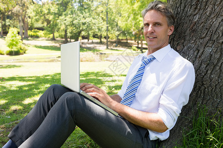 膝上型电脑靠在树上的商务人士背景图片