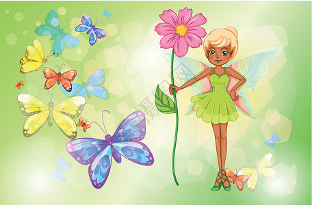 观察昆虫的女孩一个仙女拿着粉红花朵和蝴蝶设计图片