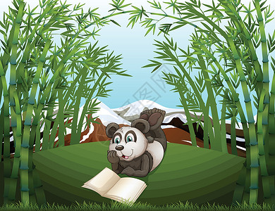 书竹一只熊猫在山顶上用竹子看书设计图片