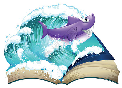正在冲浪孩童一本有鲨鱼和大浪的故事书设计图片