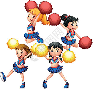 啦啦队花球充满活力的啦啦队团队绘画裙子女孩们团体条纹绒球包子蓝色舞者设计图片
