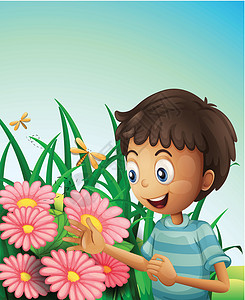 惊讶的男孩花园里有个男孩 带着花朵和苍蝇设计图片