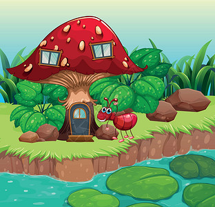 蚂蚁岛红蘑菇屋附近的蚂蚁插画