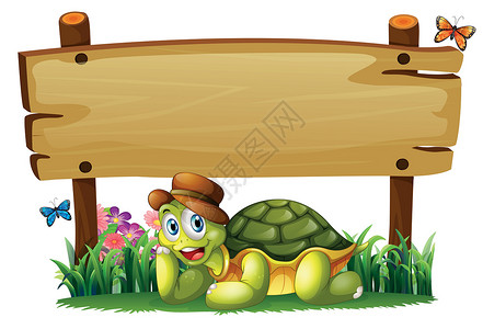 帽子和花朵空木板下面笑着的乌龟设计图片
