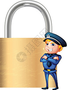 一个微笑的警察 旁边的大锁背景图片