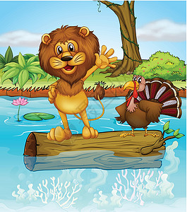 鞭策一只狮子和火鸡 在漂浮的木头之上插画