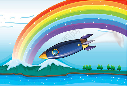 水火箭彩虹 有闪亮的星星和飞机插画