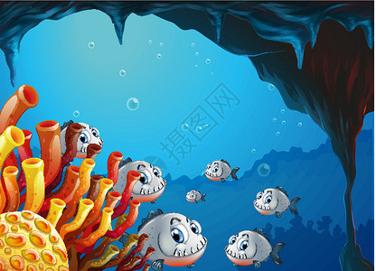 珊瑚化石海洋洞穴里的一所学校的鱼插画